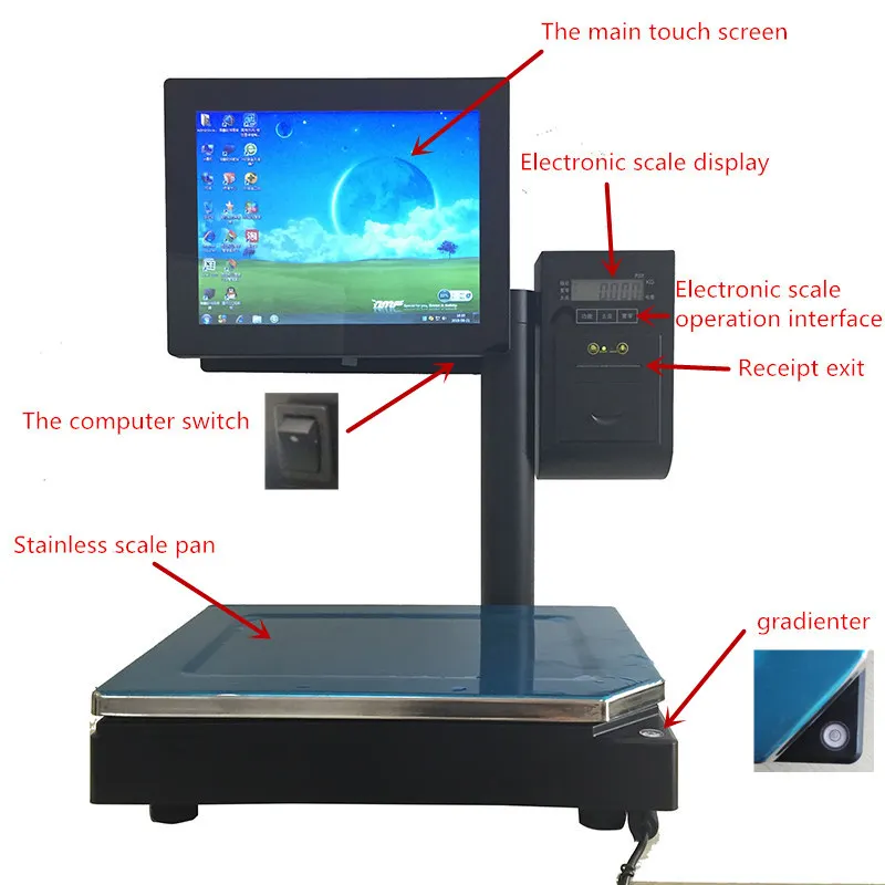 Pos-система терминал машина все в одном двойной сенсорный экран кассовый аппарат Розничная ПК на основе весы с термальным чековым принтером