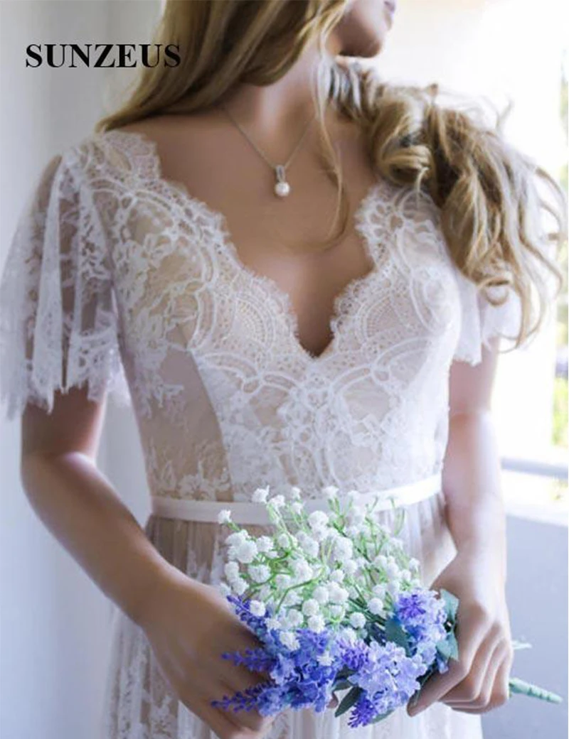 Летние пляжные кружевные свадебные платья 2019 V шеи строки короткий рукав шампанское сатиновое свадебное платье в богемном стиле невесты