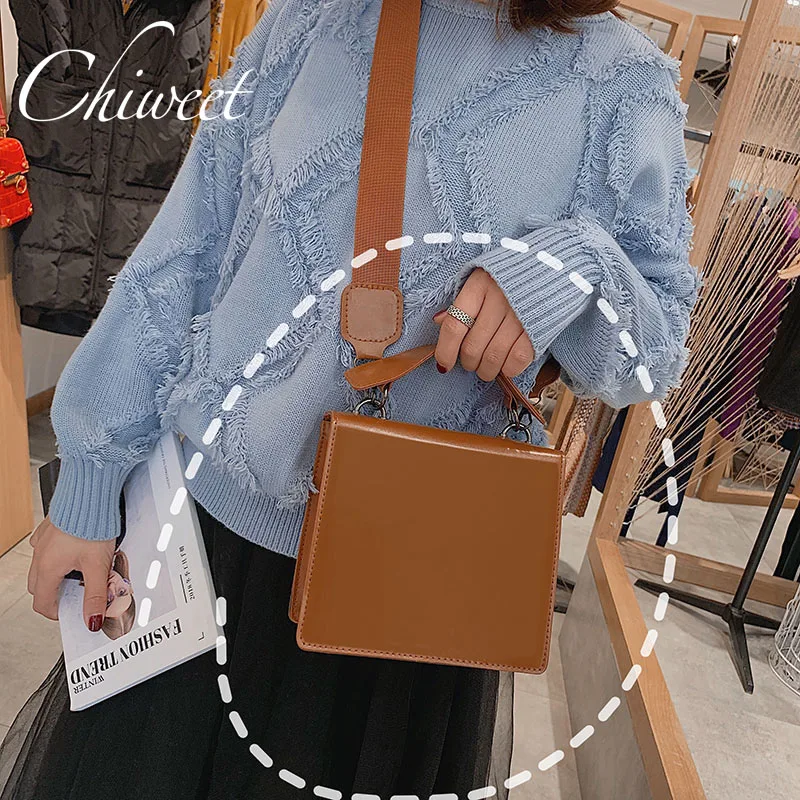 

Vintage Square Women Messenger Bag Ladies PU Leather Handbags Designer Brand Small Flap Tote Fashion Wide Strap Shoulder Bags