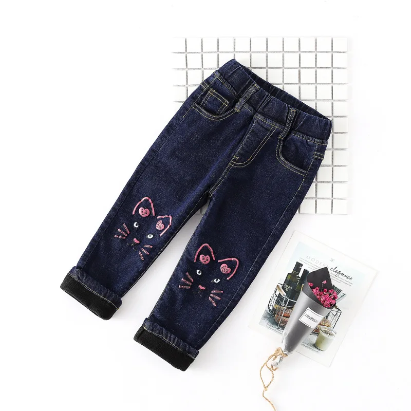 Sardiff 2017 Kids Printing Cat Jeans pants Thickening Girls Long Pants Plus Velvet High Quality