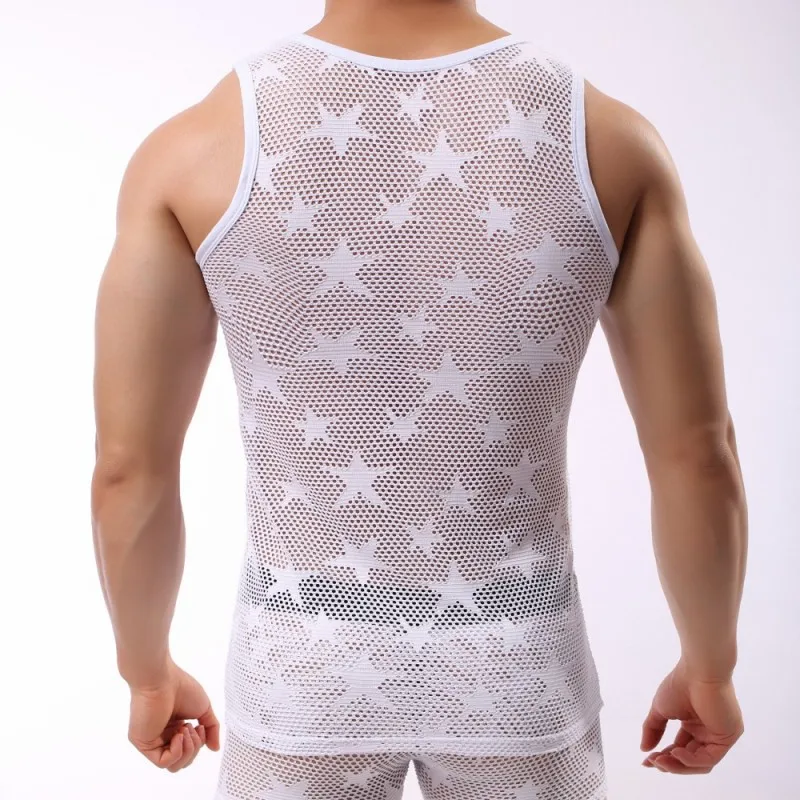 Men's Sexy Undershirt Tank Top Star Mesh Breathable Bodybuilding Home Tanks Mens Clothing Ropa Hombre(Tank Only