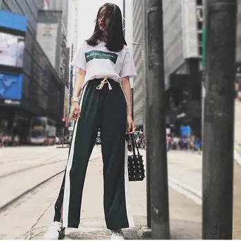 

Women Two-Piece Suits Letter Print T-Shirt Loose Tops + Split Striped Wide Leg Pants Set For Girls