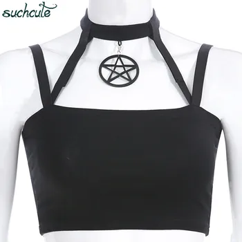 

SUCHCUTE Crop Top For Women Sexy T-Shirt Ladies Mental Casual Sleeveless Elegant Character Tee Hanging Neck Shirts Festival Tops