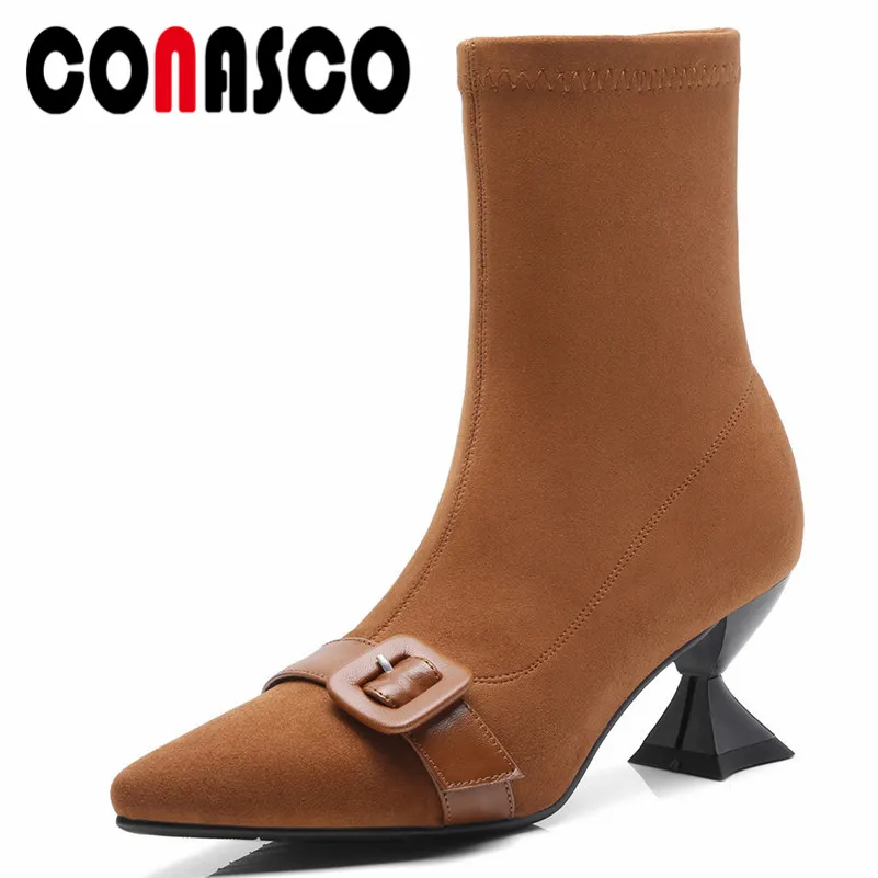 

CONASCO Brand Women Ankle Boots Fashion Buckles Autumn Winter Warm Snow Shoes Woman Retro High Pointed Toe Boots Ladies Shoes