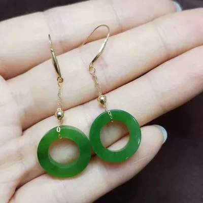 

Zhe Ru Jewelry 18k gold inlaid natural Hetian jasper spinach green hollow donut earrings Elegant female models Free certificate