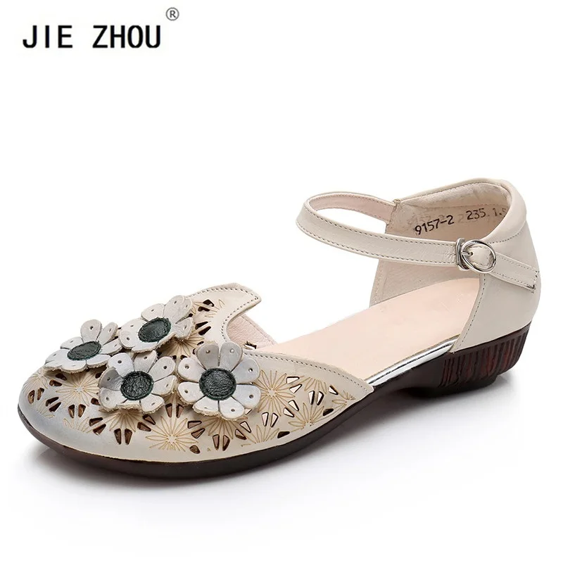

Summer Flat Shoes Woman Novelty Flower Hollow out Round Toe Genuine Leather Ladies sandals Soft Sole Buckle Strap Mother shoes