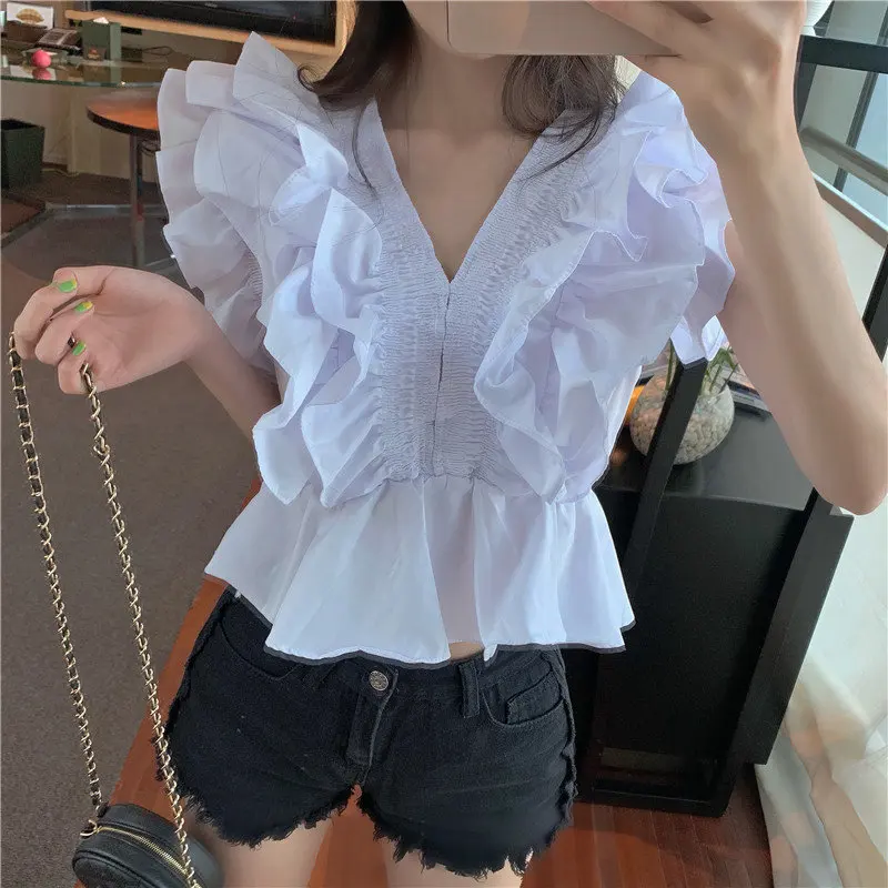 

Alien Kitty 2019 Hot Casual Fashion V-Neck Ruffles Sleeveless Summer Female Loose All-Match Vintage Chic Sweet Short Shirts