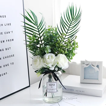 

Modern Glass Vase+Artificial Flower Set Figurines Home Furnishings Decoration Crafts Livingroom Silk Fake Flower Pot Ornaments