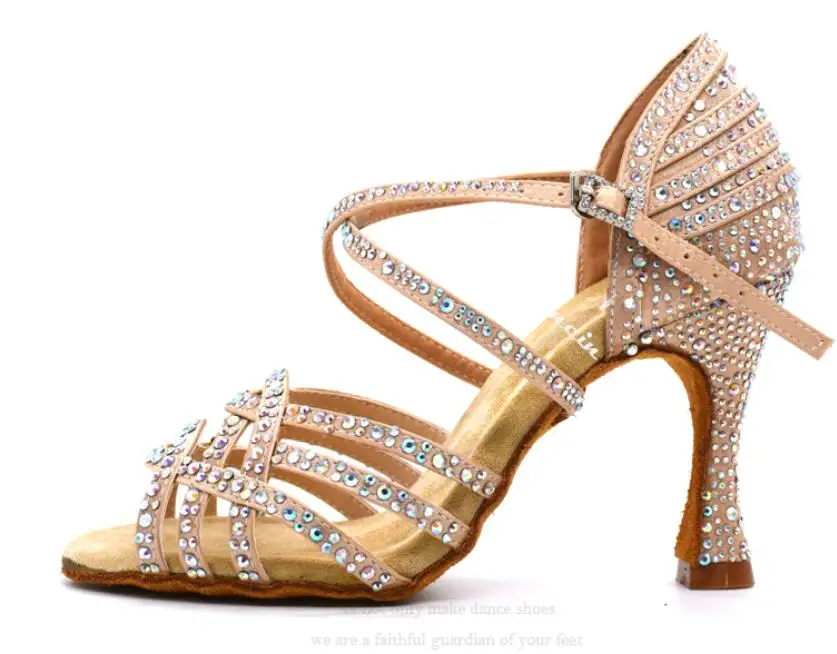 skin heel 8.5cm Женская танцевальная обувь для сальсы; обувь для латинских танцев; обувь для девочек; кожа черного цвета; стразы; обувь для танго; обувь для вечеринок; 9 см - Цвет: skin heel 8.5cm