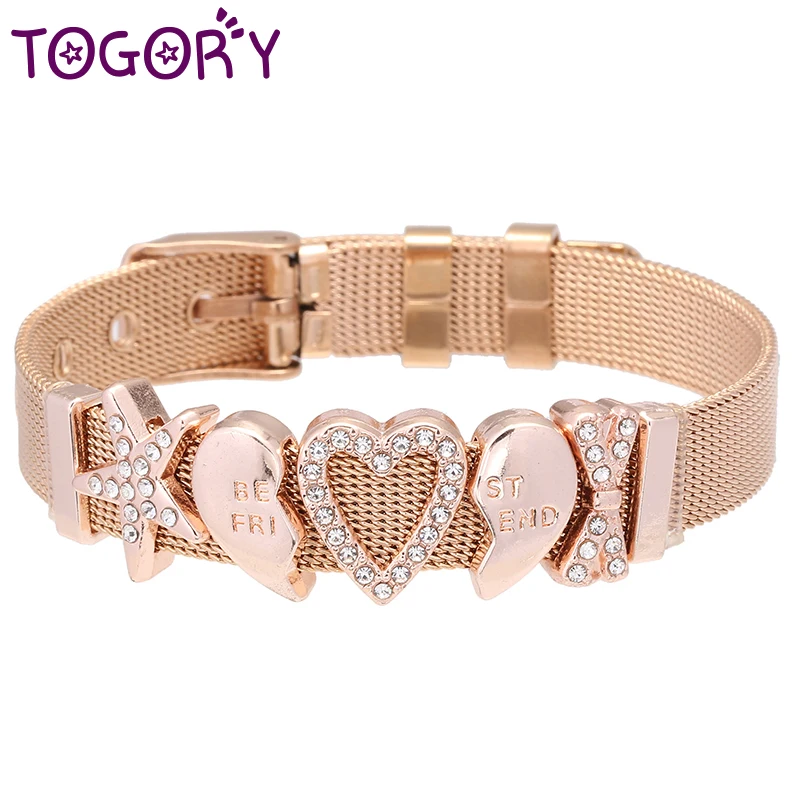 

TOGORY Keeper Charm Mesh Bracelet with Best Friend Slide Stainless Steel Fine Silver Wrap Bracelets Bangles For Women Jewelry