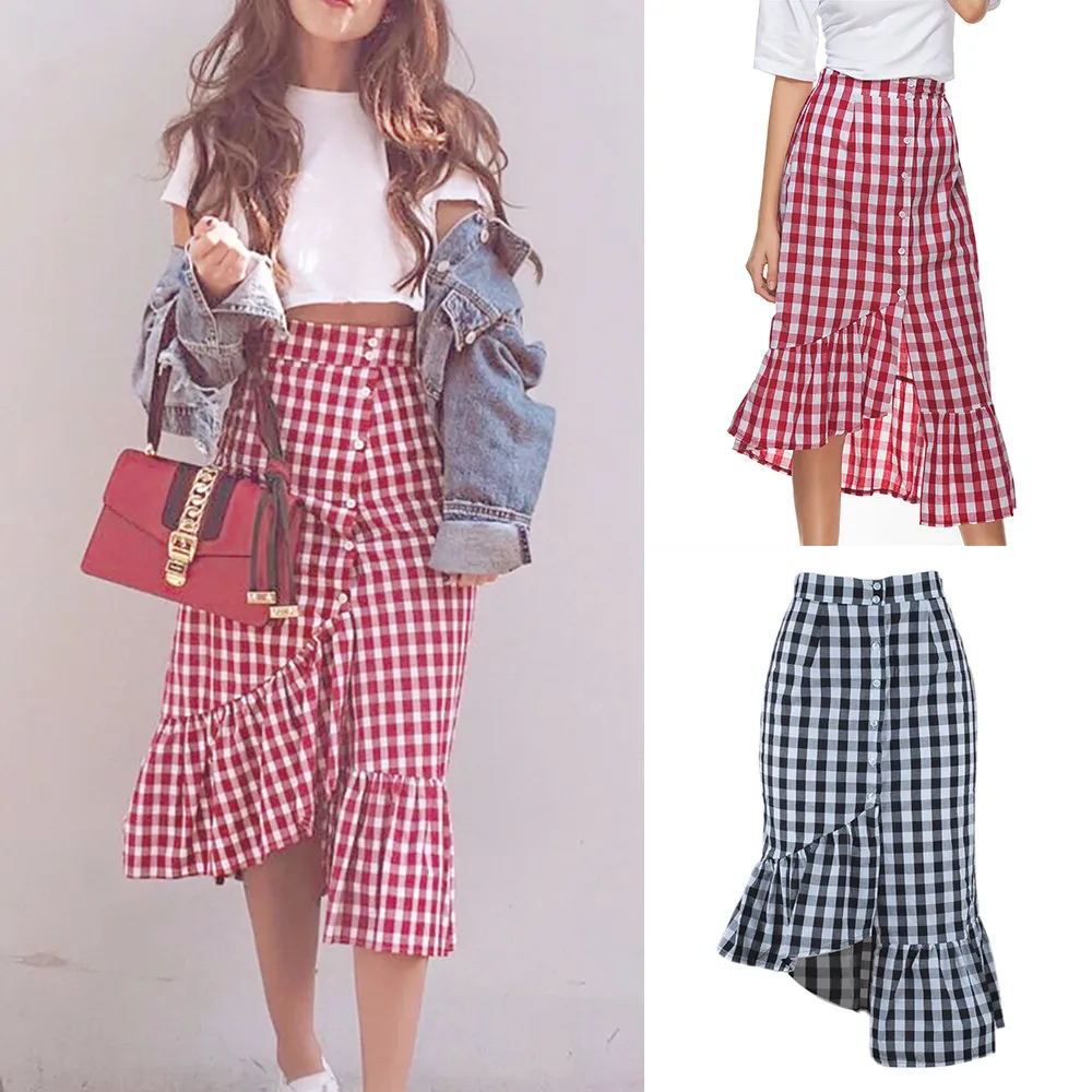 

Feitong Summer Asymmetrical Skirts Women Plaid Casual Ruffled Female Button Party Slit High Waist Mid-Calf Skirt trendyol #C