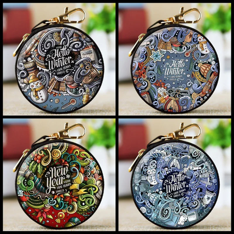 

New Round Portable Coin Purse Cash Box Xmas Hanging Ornament With Metal Zipper And Lobster Clasp Coins Cash Headset USB Keys