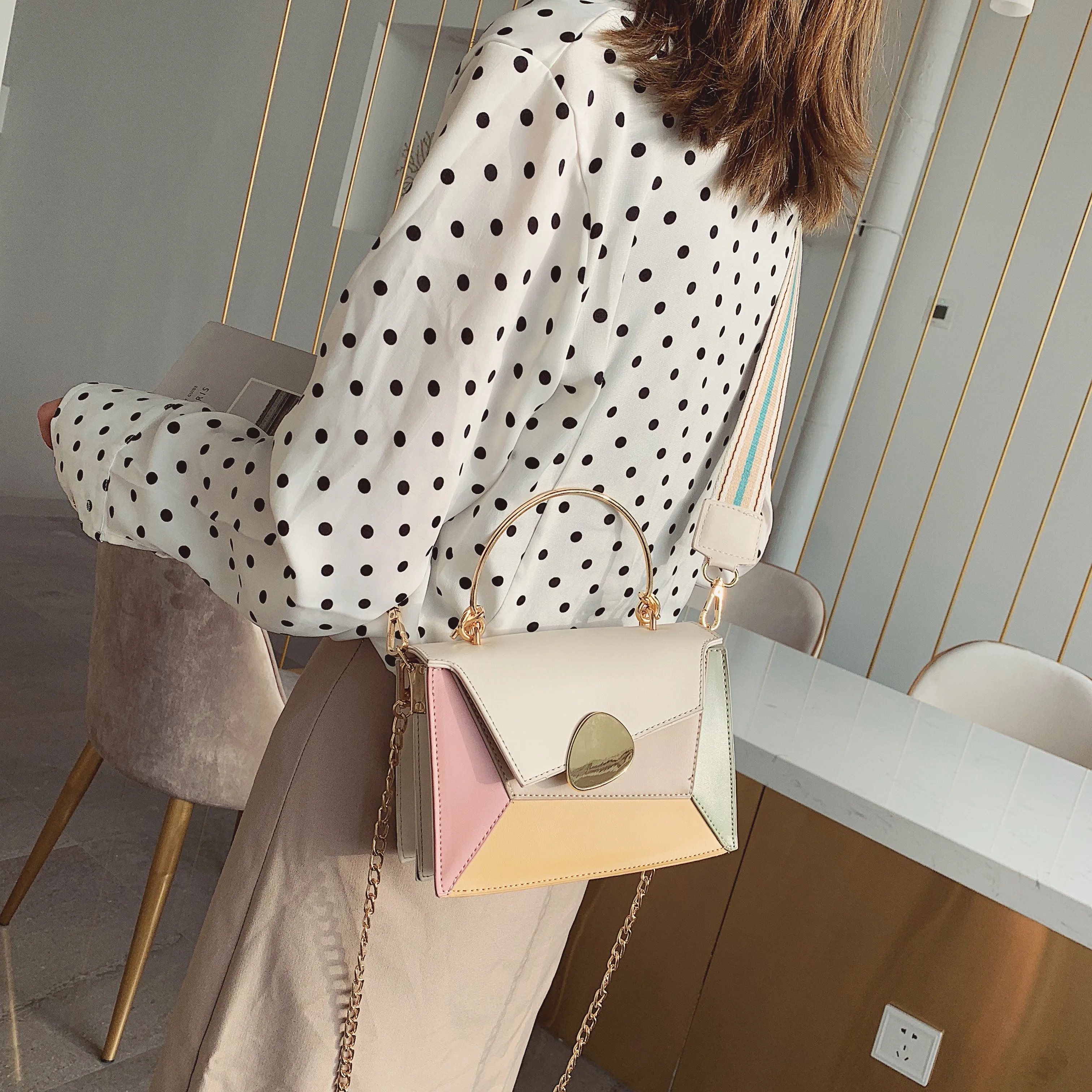  Contrast Color PU Leather Crossbody Bags For Women 2019 Chain Handbags with Metal Handle Shoulder M - 33051286061