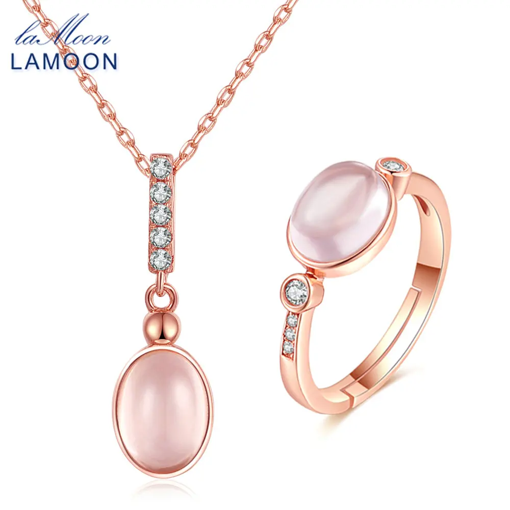 

LAMOON 925 Jewelry Set Sterling Silver Jewelry S925 Plated 6x8mm 100% Natural Gemstone Oval Egg Rose Quartz V021-3