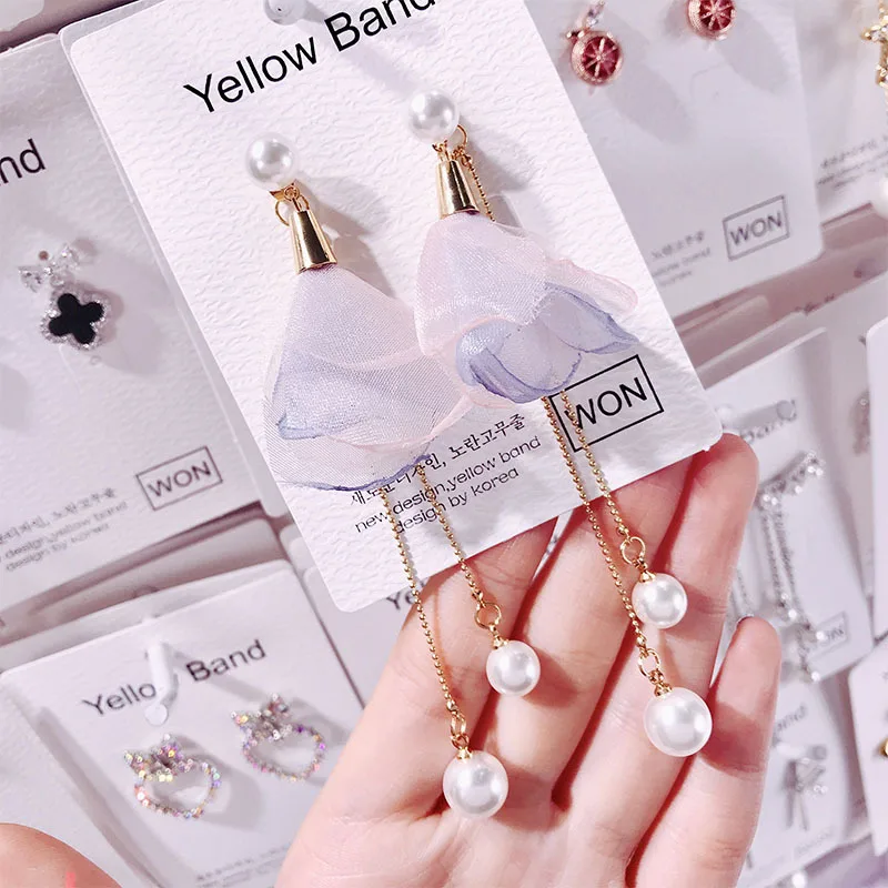 

Aretes De Mujer Modernos 2019 Cloth Flower Earrings Long Chain Tassel Simulated Pearl Drop Earrings for Women Statement Earrings