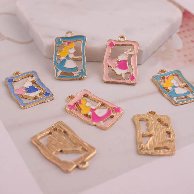 

10pcs Fashion Gold Color Alloy Square Girl Rabbit Enamel Charms Pendant Beads Fit Bracelet For Women Jewelry Making Accessories
