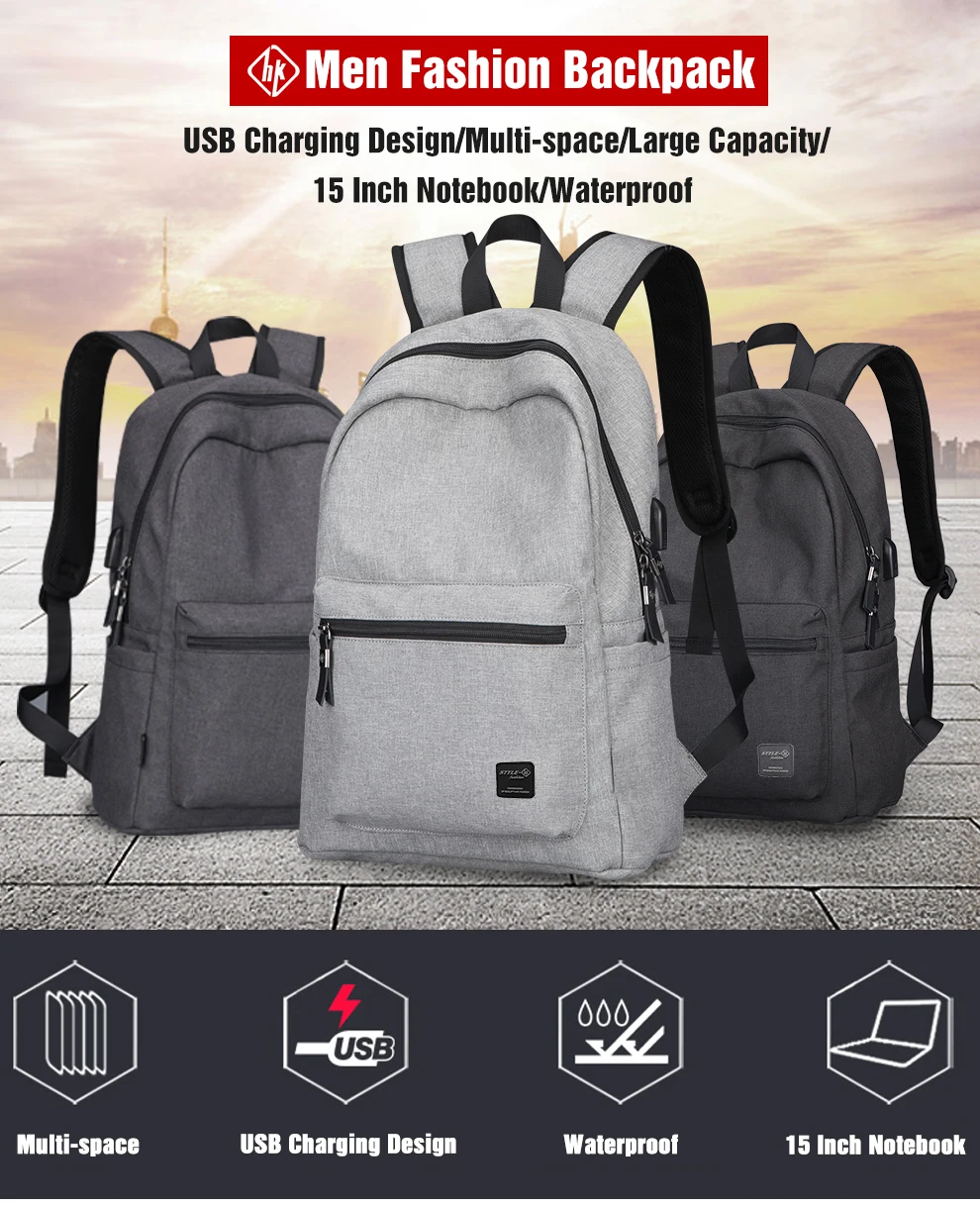 Мужской рюкзак, USB рюкзак для ноутбука, 15,6 дюймов, USB рюкзак для ноутбука, мужская повседневная Водонепроницаемая школьная сумка, черная Дорожная школьная сумка