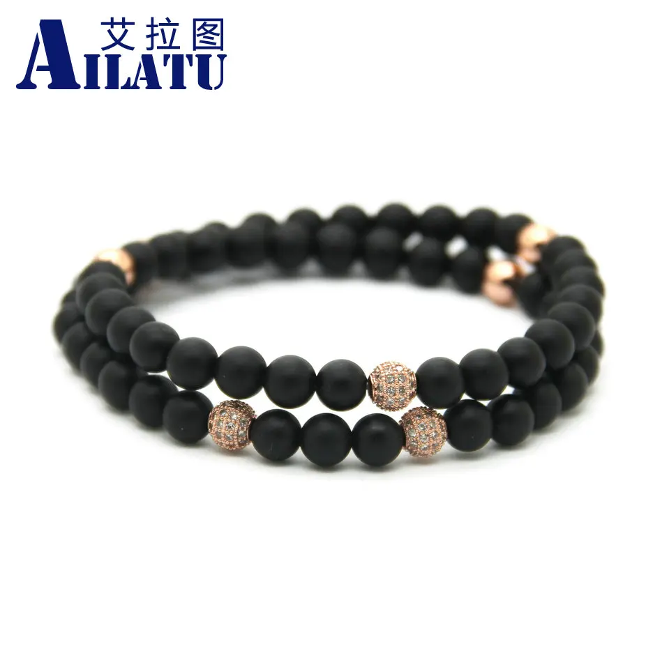 

Ailatu 6mm Frosted Stone Beads with Micro Pave CZ Ball Two Circles Elastic Bracelet Fashion Jewelry