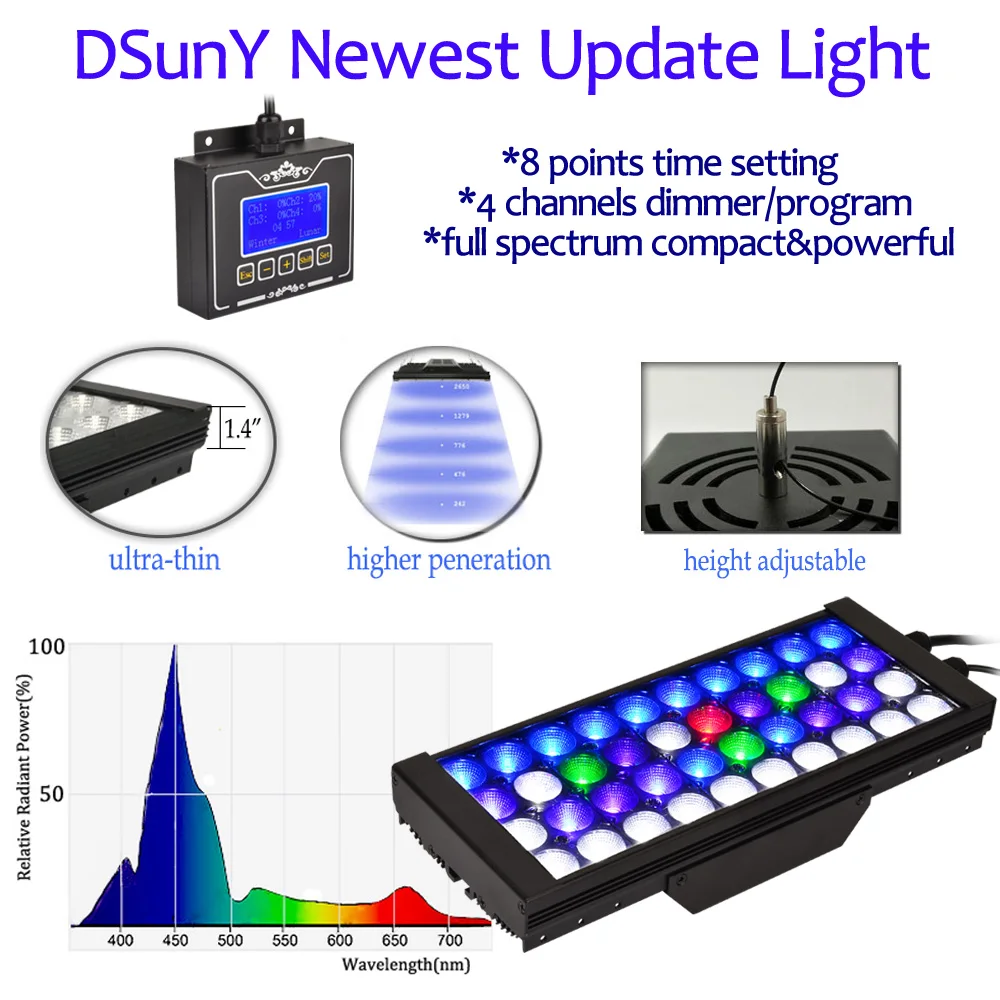 Полный диапазон 100w dsuny аквариум привело освещение для кораллового рифа LPS SPS dimmable