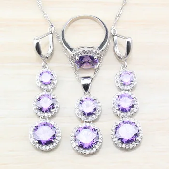 

Sweet Romantic Women Costume 925 Sterling Silver Jewelry Sets Purple Crystal Long Earrings/Necklace&Pendant/Ring Size 6/7/8/9/10