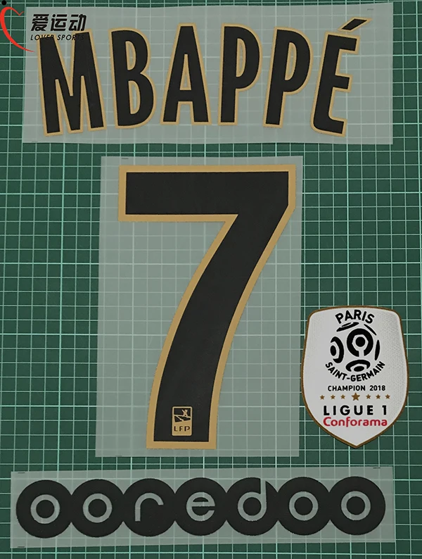 

2018-19 PSG away MBAPPE #7 name number SET + Ligue 1 champion PATCH + OOREDOO Paris away MBAPPE #7 nameset
