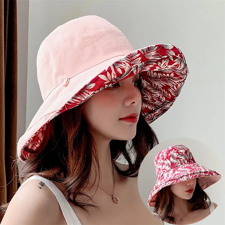 Двусторонняя ведро Шапки Новинки для женщин принт солнцезащитный козырек шляпа женский таз Кепки широкими полями - Цвет: Розовый