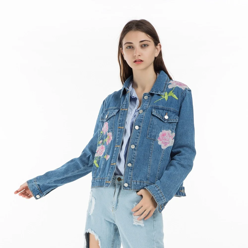 2017 Autumn Floral Embroidery Denim Jacket Women Turn down Collar Long ...