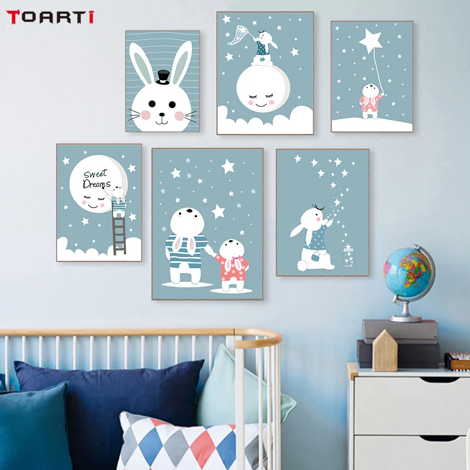 Rabbit Star Moon Canvas Painting Colorful Cartoon Nursery Posters&Prints For Children Bedroom Wall Art Decoration Christmas Gift (2)
