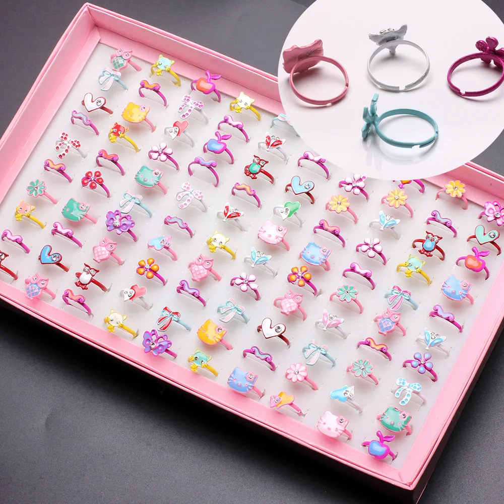 Wholesale Mixed Assorted Cartoon Crystal Adjustable Rings Baby Kids Girls Boy Mix Styles Party Gift Jewelry With Display Box