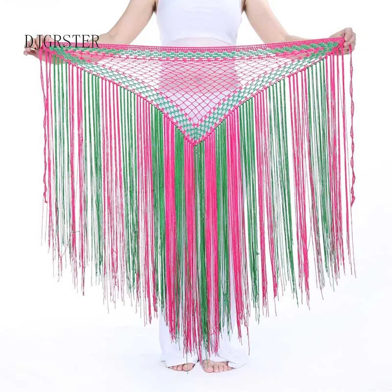 

DJGRSTER 13Colors Belly Dance Clothes Accessories Stretchy Long Tassel Triangle Belt Hand Crochet Belly Dance Hip Scarf