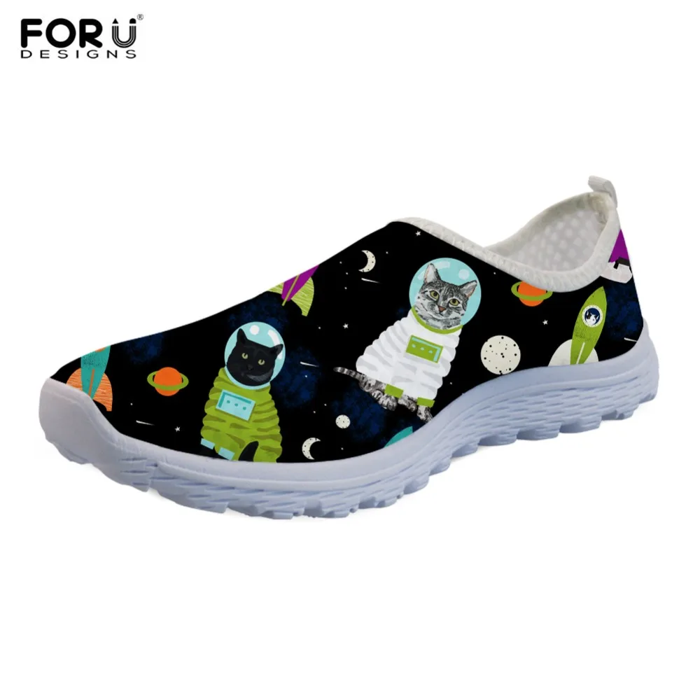 

FORUDESIGNS Space Cat Cartoon Printing Women Flats Shoes Casual Slip On Mesh Student Walking Sneakers Light Flats Shoes Female