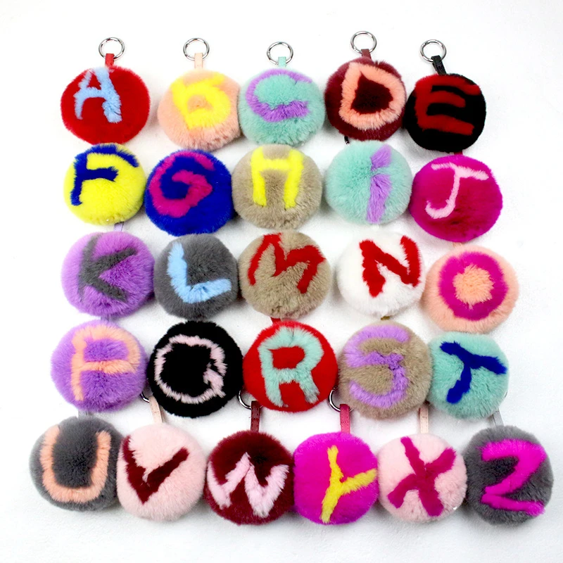 

10cm Fluffy Letter Real Rabbit Fur Ball Keychain Bunny Fur Pom Pom Key Chain Llavero Pompon Keyring Porte Clef Charm Bag Pendant