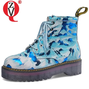 

ZVQ camouflage printed women's shoes cow leather Martin boots Casual booties flat platform outdoor sneakers drop shipping