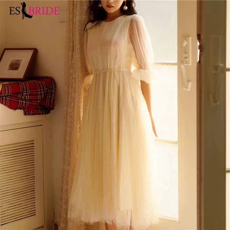 

Apricot Special Occasion Dresses A-line O-neck Evening Dress Half Sleeve Long Evening Gowns for Women Party Prom Dress ES2640