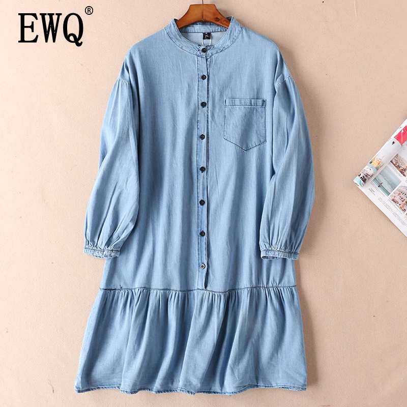 

[EWQ] 2019 summer new thin section single pocket long sleeve round neck single-breasted ruffled women summer denim dress QF9980