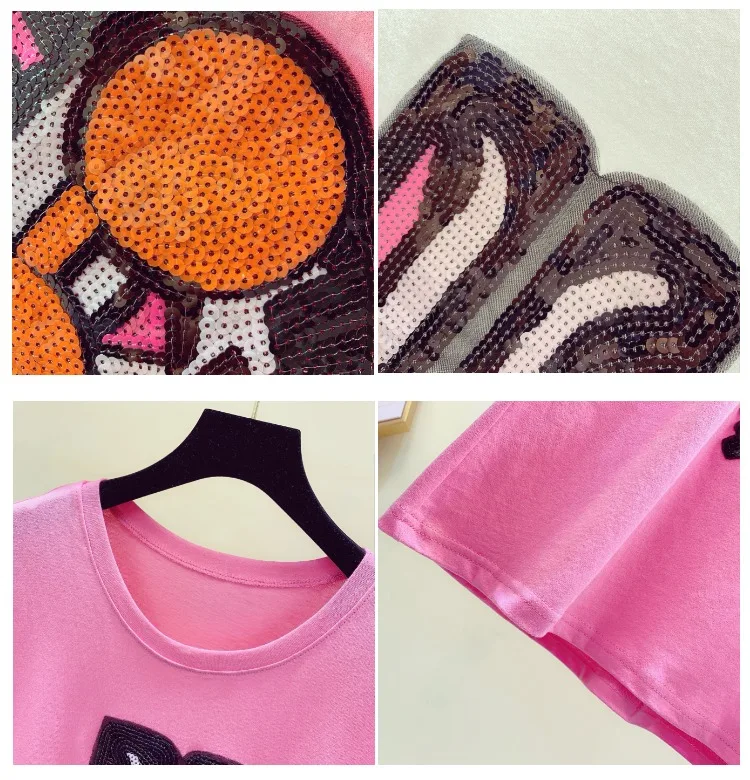 2019 Summer New Fashion Cartoon Pattern Tshirts Womens Tee Sequins Loose Short-sleeved T-shirts Woman