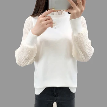 

Ruffled Collar Sweater Women Pullover Fake Two Piece Chiffon Sleeve Jumper Tops Autumn Basic Female Sweater Sudadera Mujer