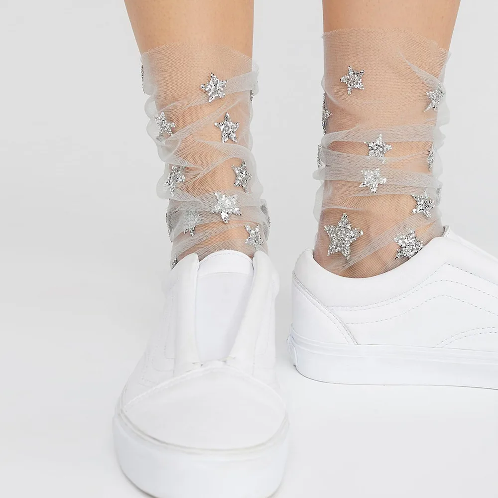 SUSENSTONE/женские модные блестящие Мягкие сетчатые носки со звездами; прозрачные эластичные прозрачные носки до лодыжки; босоножки;#8-9