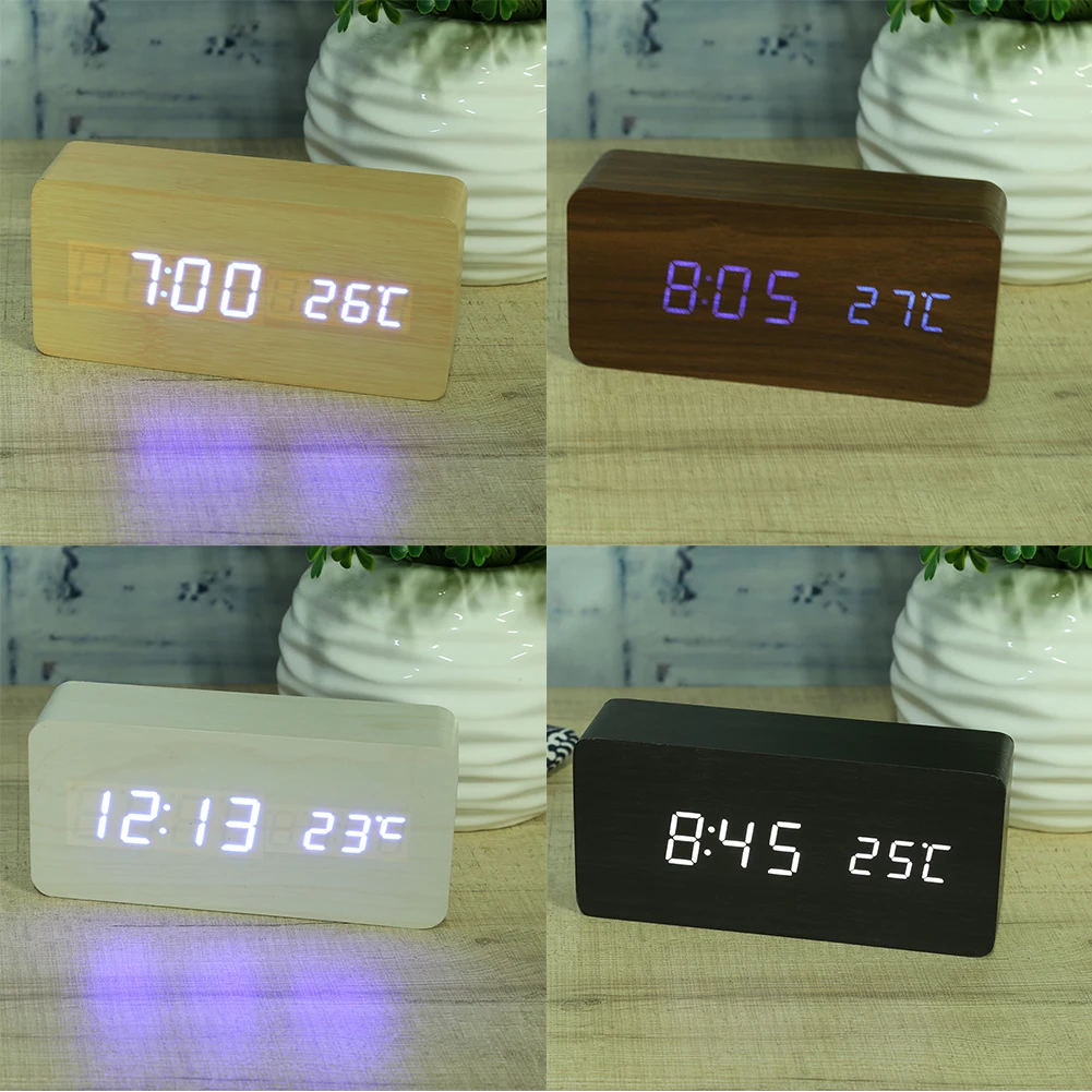 Многоцветный звуковой контроль деревянный квадратный светодиодный Будильник Настольный цифровой термометр дерево USB/AAA отображение даты