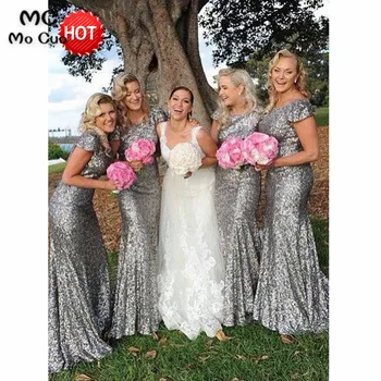 

2018 Silvery Mermaid Bridesmaid Dress with Sequins Short Sleeve Backless Wedding Party Dress Women Bridesmaid Dresses