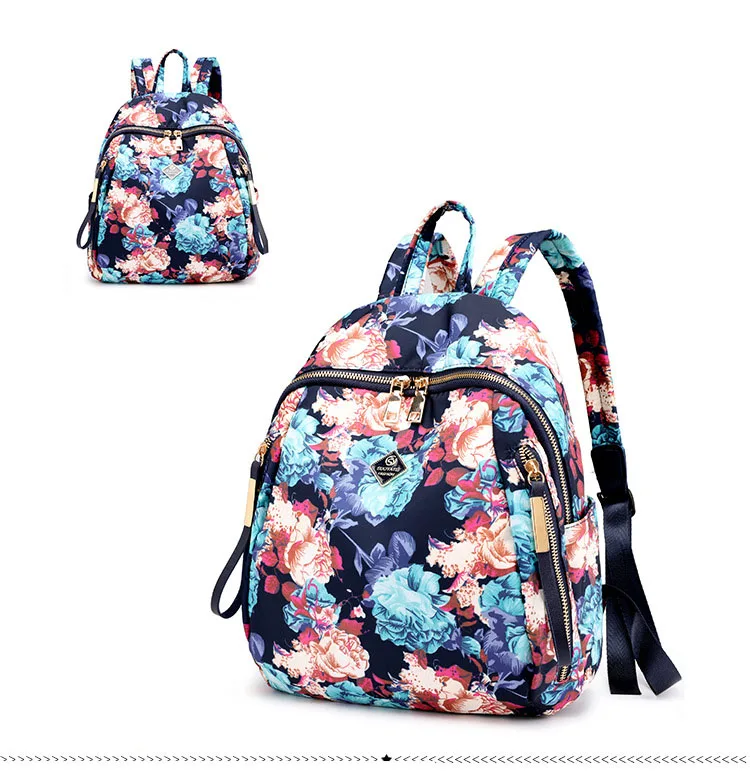 Women Floral Nylon Backpack Female Fashion Printing Casual Rucksack Famous Lady Girls Large Black Purple Blue Soft Shoulder Bag (18)