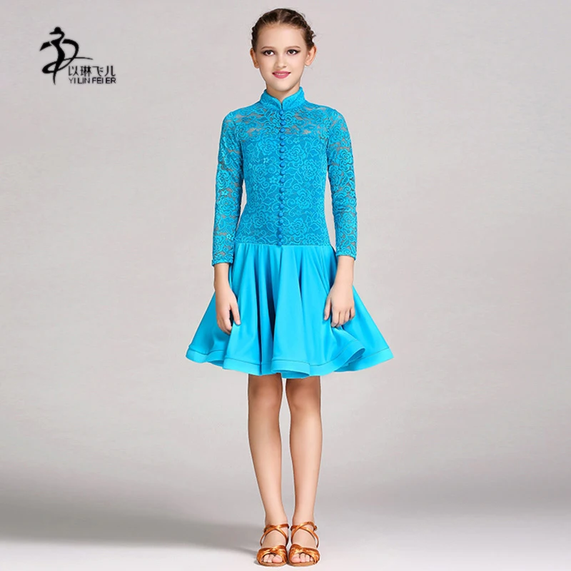 

Kids latin dance skirt 2017 long sleeve latin samba costume dance dress Lace latin competition dance dress for girls