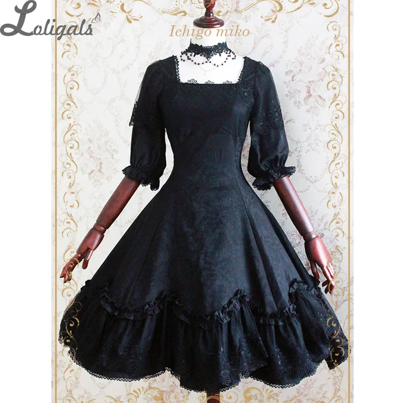 

Elegant Vintage Style Lolita Black OP Dress Jacquard Flower Half Sleeve Black Dress Devil Rose Series by Strawberry Witch