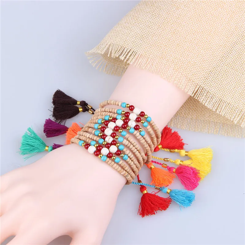 8PCS Woman Adjustable Tassel Pendant Friendship Bracelets Metal Wooden Beads Handmade Cotton Rope Bangles Jewelry Accessory Gift