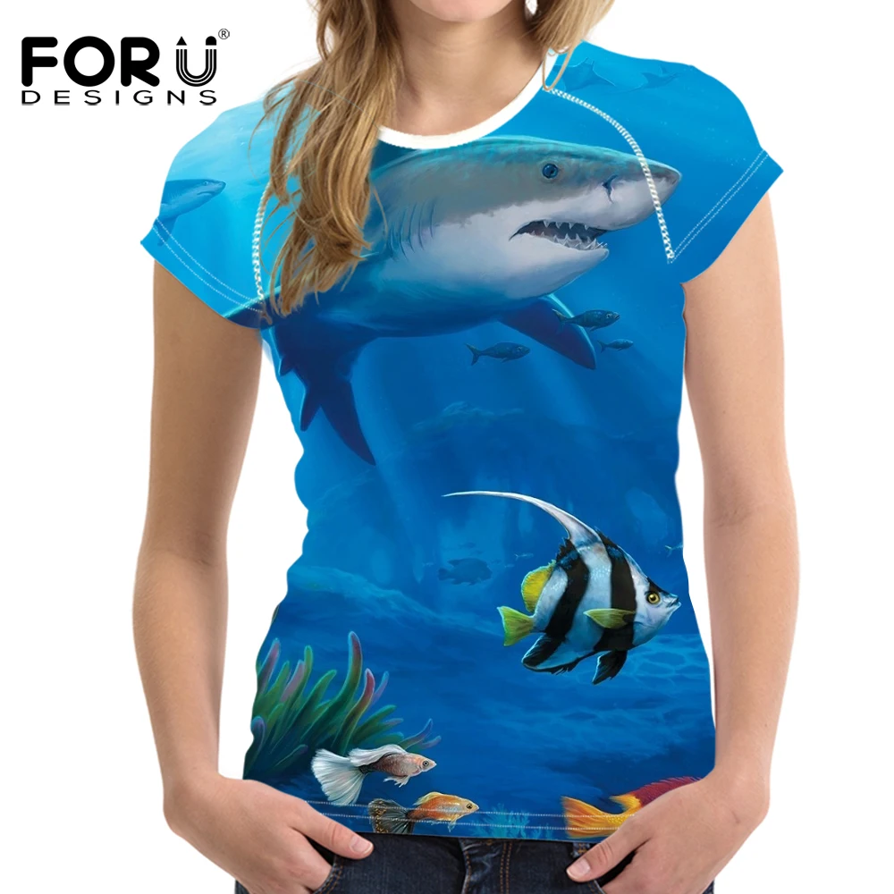 FORUDESIGNS Спортивная футболка для женщин подводная Рыба Печать короткий рукав спортивная одежда для бега фитнес футболка для женщин топы