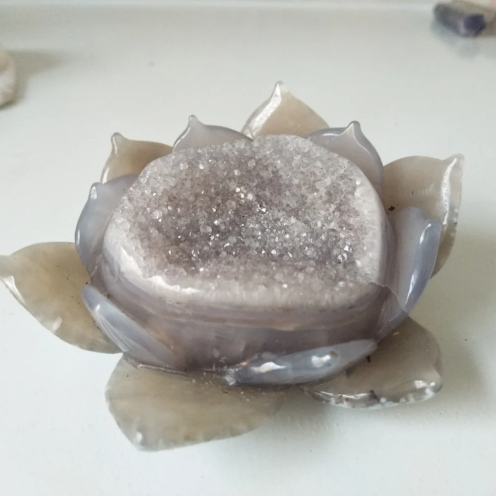 

A stone Carved lotus Natural agate geode c Crystal cluster