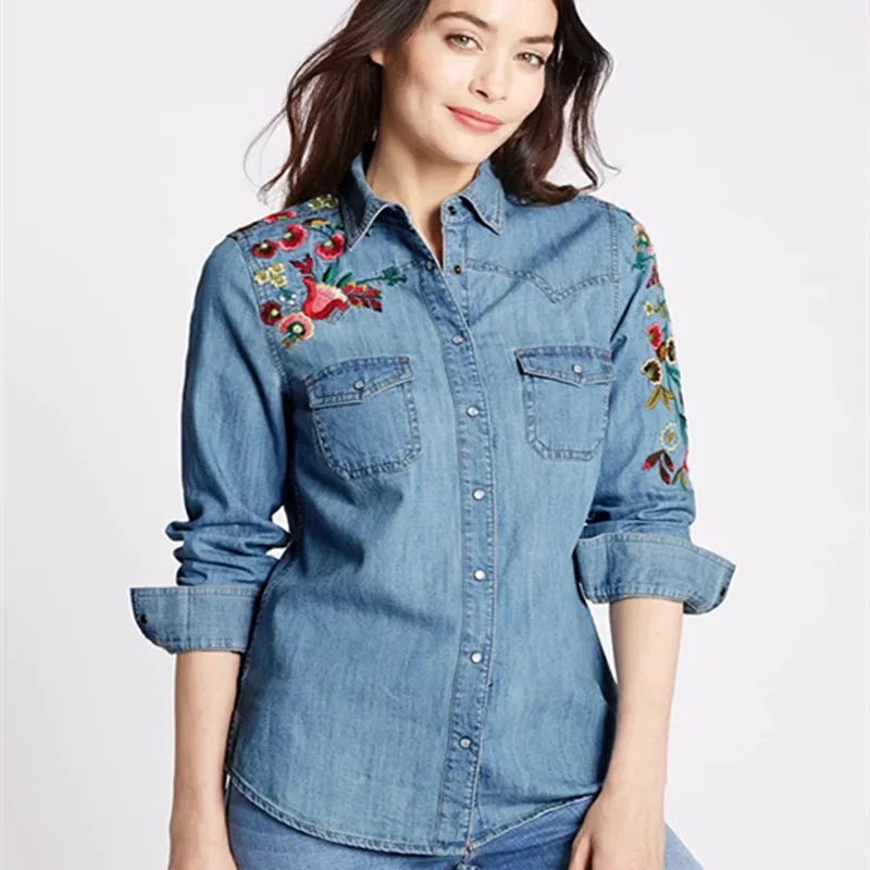 Spring Women Clothing Floral Embroidered Denim Blouse Loose Lapel Slim ...