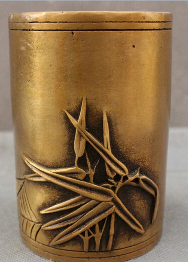 

free shipping Chinese Bronze Carved Bamboo Bird Spider Statue Brush Pot Barrel Pencil Vase
