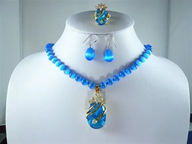 

Blue Jade/Opal Necklace +Blue Zircon Pendant Earring Ring Set AAA 18K GP Plated gold Bridal wide watch wings queen JEWE