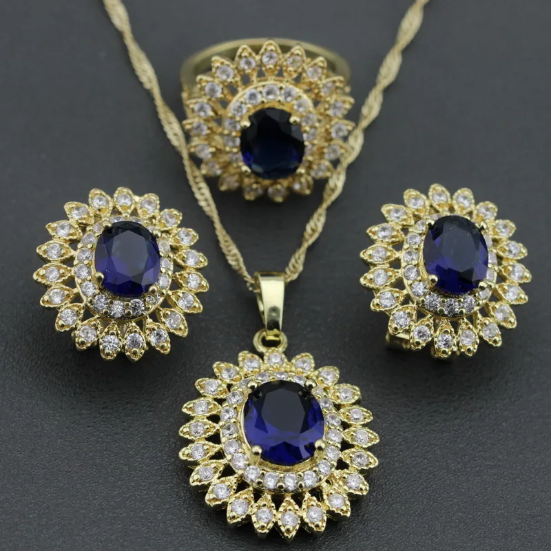 

Blue Cubic Zirconia White Crystal GP Flower Jewelry Set For Women Necklace Chain Pendant Earring Ring Free Gift Box KZ08